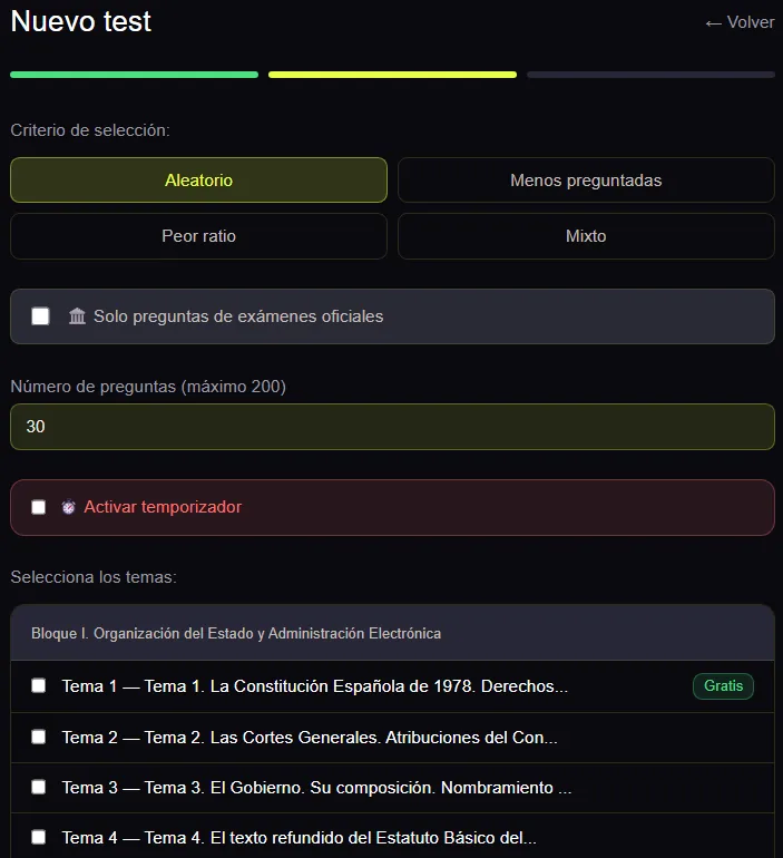 Configuración de un test TAI: criterio de selección, solo preguntas de exámenes oficiales, número de preguntas, temporizador y selección de temas