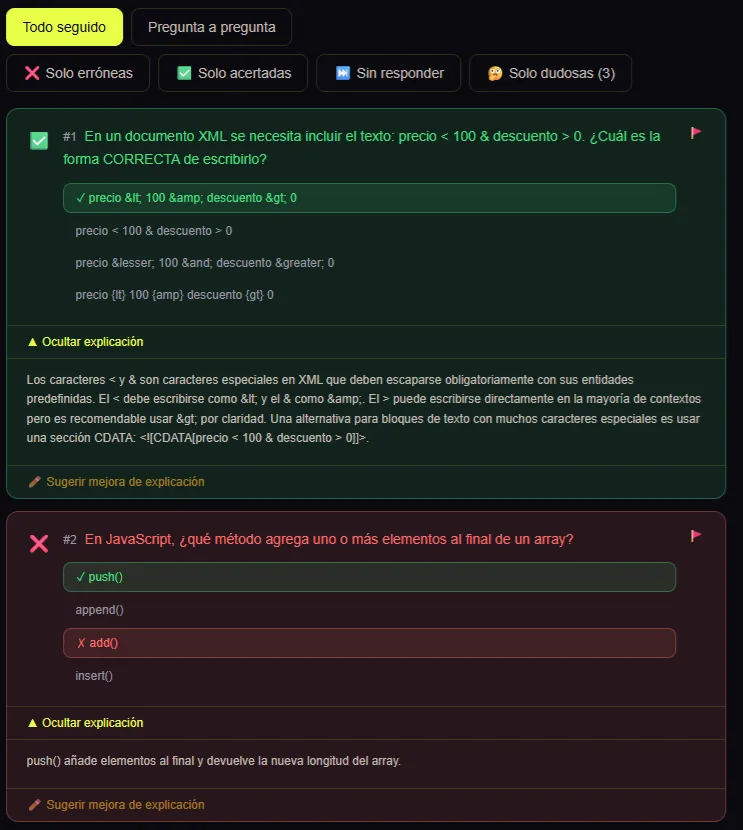 Corrección de un test TAI con preguntas acertadas y falladas y su explicación desplegada
