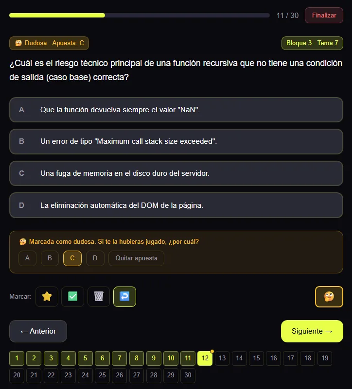 Pregunta marcada como dudosa en un test TAI con la letra que se habría apostado