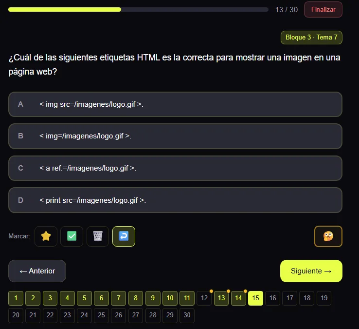 Pregunta de un test TAI del bloque 3 con cuatro opciones, botones para marcar la pregunta y mapa de preguntas