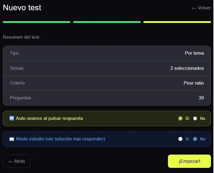 Resumen antes de empezar un test TAI con las opciones de auto-avance y modo estudio