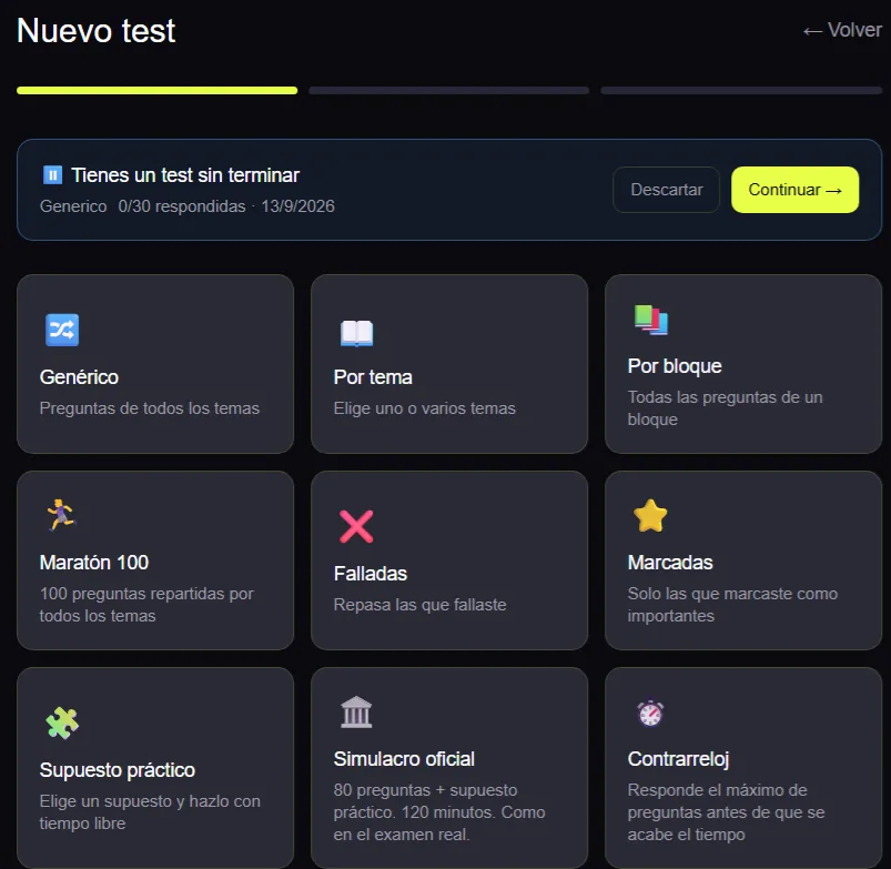 Pantalla de nuevo test de OposicionTAI con los 9 tipos de test TAI: genérico, por tema, por bloque, maratón, falladas, marcadas, supuesto práctico, simulacro oficial y contrarreloj
